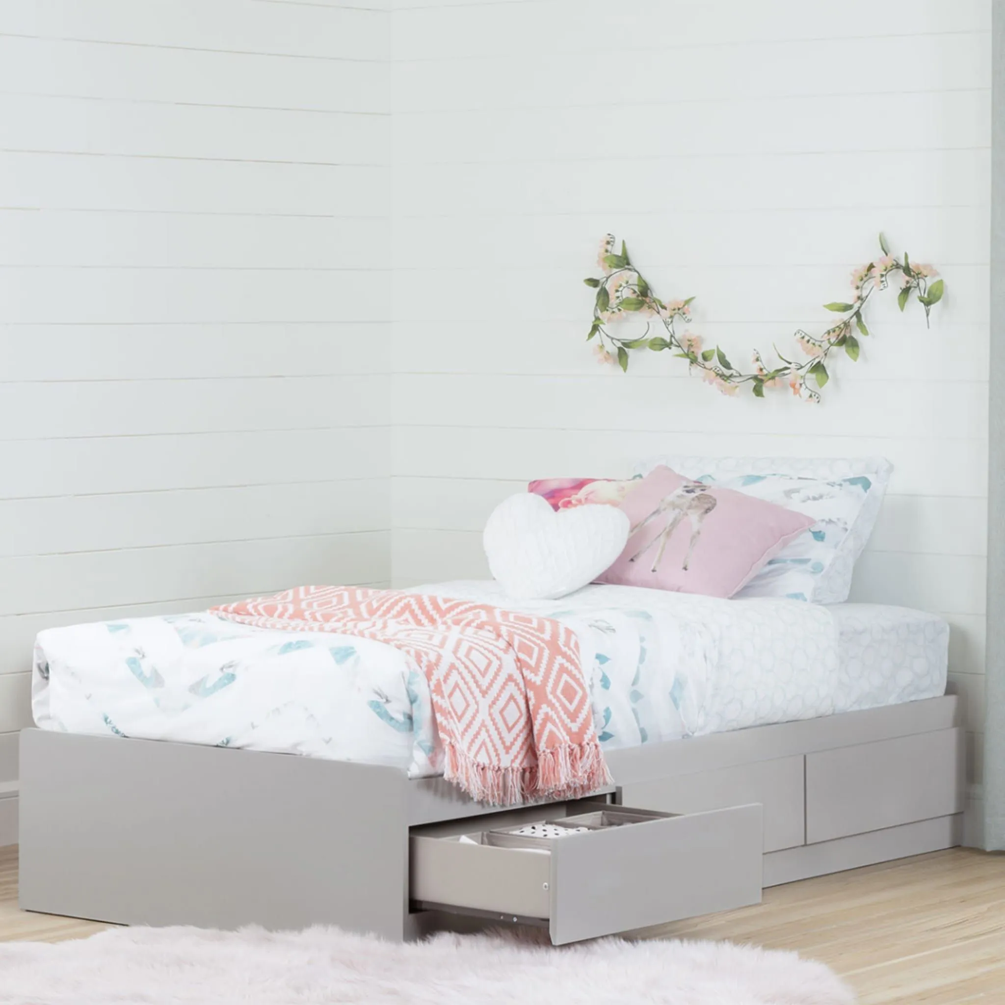 South Shore Lit Matelot Simple 3 Tiroirs Reevo - Gris Clair