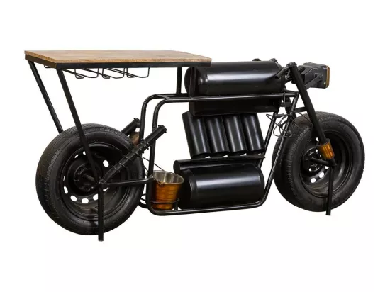 Barre porte-bouteilles moto en bois et métal noir 183x42x86h