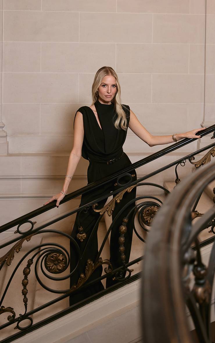Noir Combinaison Pantalon Premium Tissée Asymétrique À Col Bénitier Et Dos Drapé