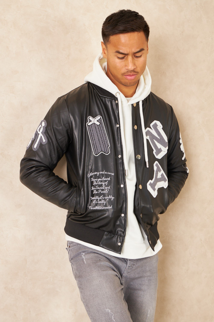 Bomber en simili cuir noir brodée 