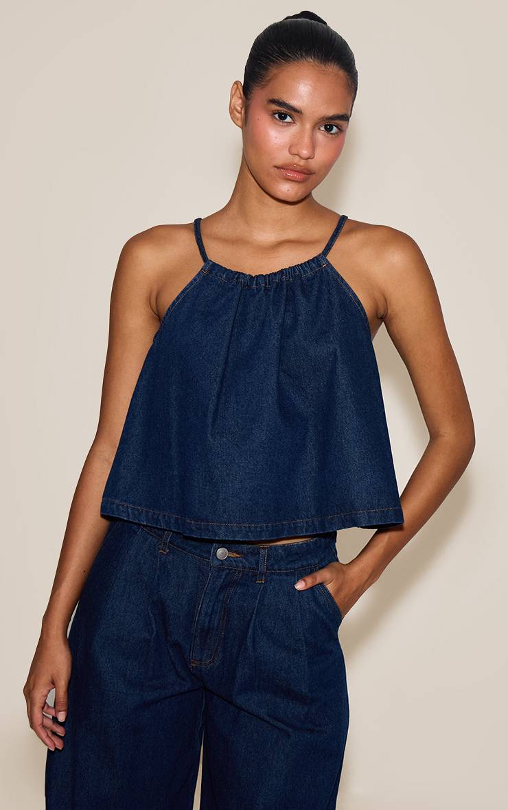 Bleu Indigo Haut En Denim Sans Manches Vaporeux
