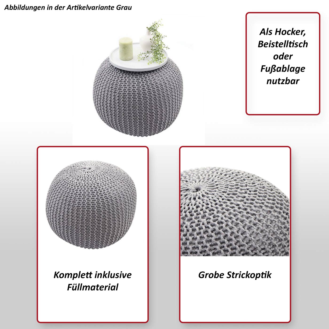 Pouf MCW-E16, Strickhocker Sitzhocker Strickpouf, Strickoptik 40x50cm ~ grau