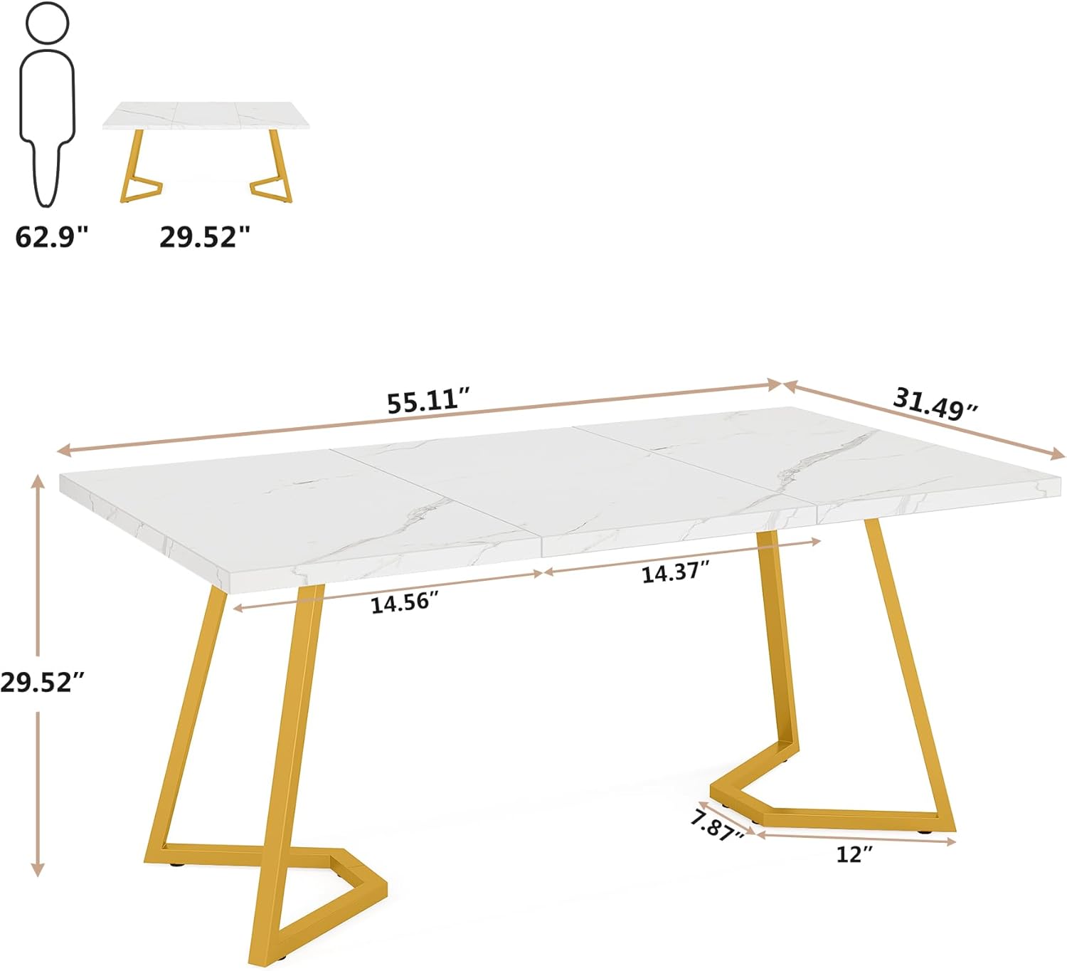 Tribesigns Moderner Goldener Esstisch,140X80 cm weißer Küchentisch mit goldfarbenen Metallbeinen, künstlicher Marmor, Kleiner Esszimmer-Küchentisch für 4-6 Personen, rechteckiger Esstisch für Wohnung HV0886085