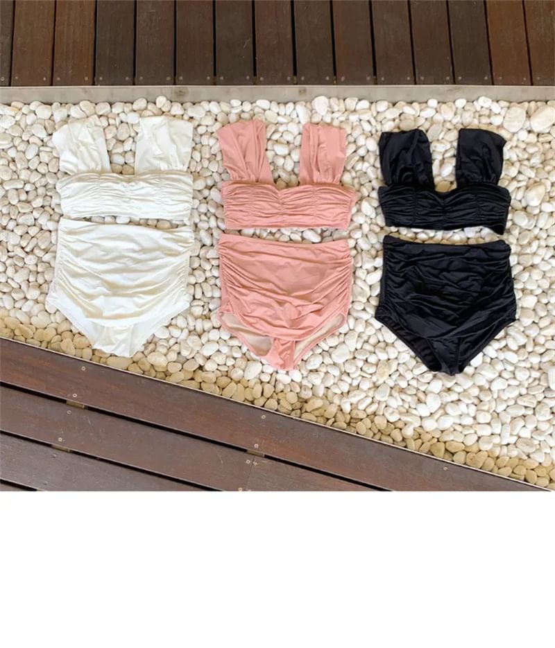 MALILA - Set: Effen geplooide crop tankinitop + broekje + zwemrok