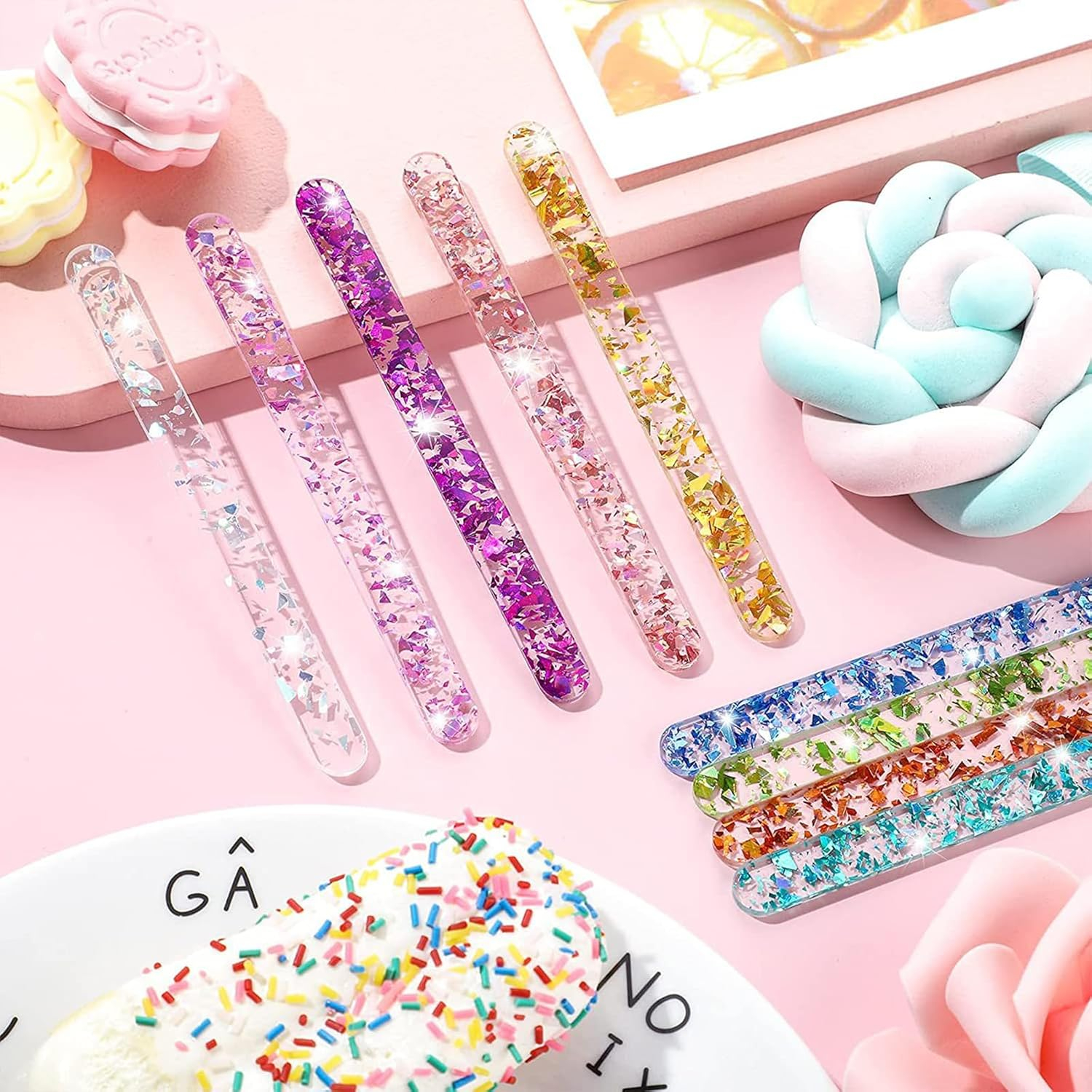(20er Set) 11.5cm Acryl Eis Stiele DIY Glacé Sticks Wiederverwendbare Eiscreme Stäbe zum Basteln / Backen - Bunt / Glitzer
