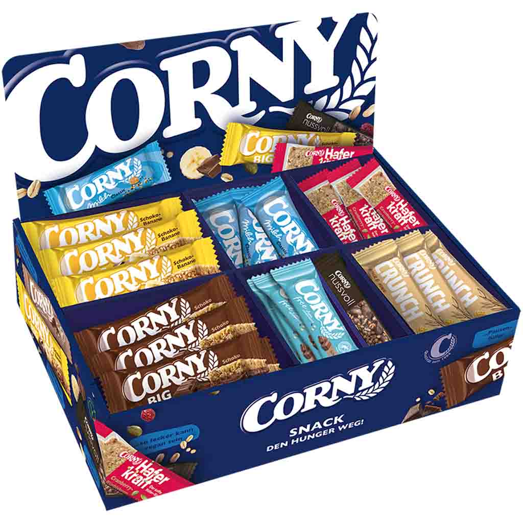 Corny Tischdisplay mit 75 Riegeln sortiert MHD:16.6.25