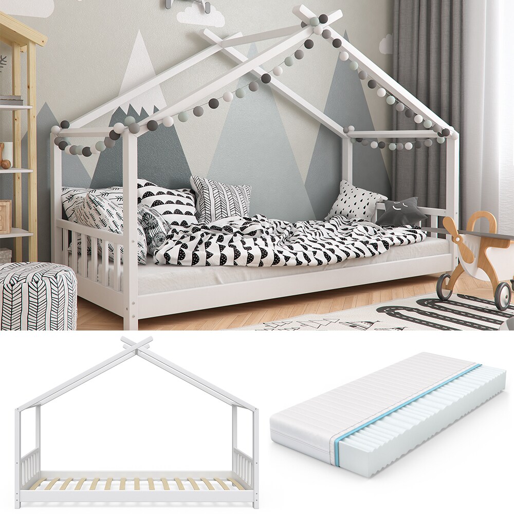 VitaliSpa Design Kinderbett Hausbett Weiß Kinderhaus Holzbett Matratze 90x200