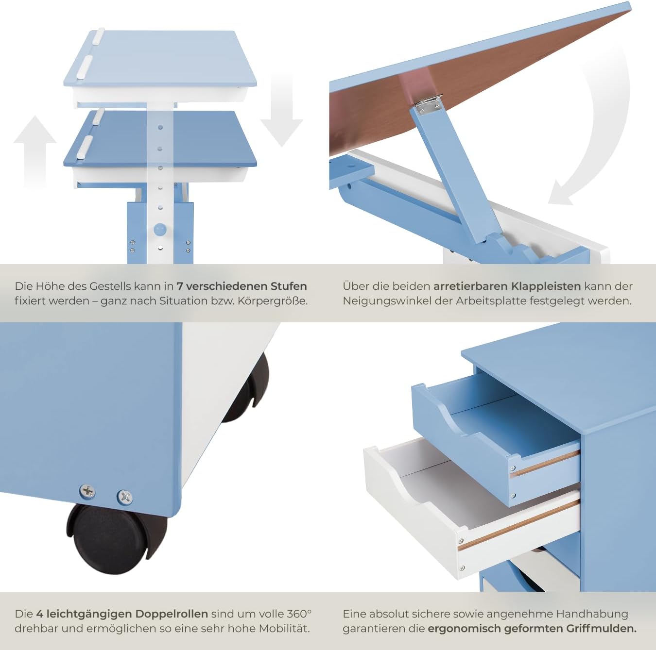 tectake® höhenverstellbarer Schreibtisch, Kindertisch, Kinderschreibtisch höhenverstellbar und neigbar mit Schreibtisch Zubehör Rollcontainer mit Schubladen, Kinderzimmer Möbel, Jugendzimmer - blau