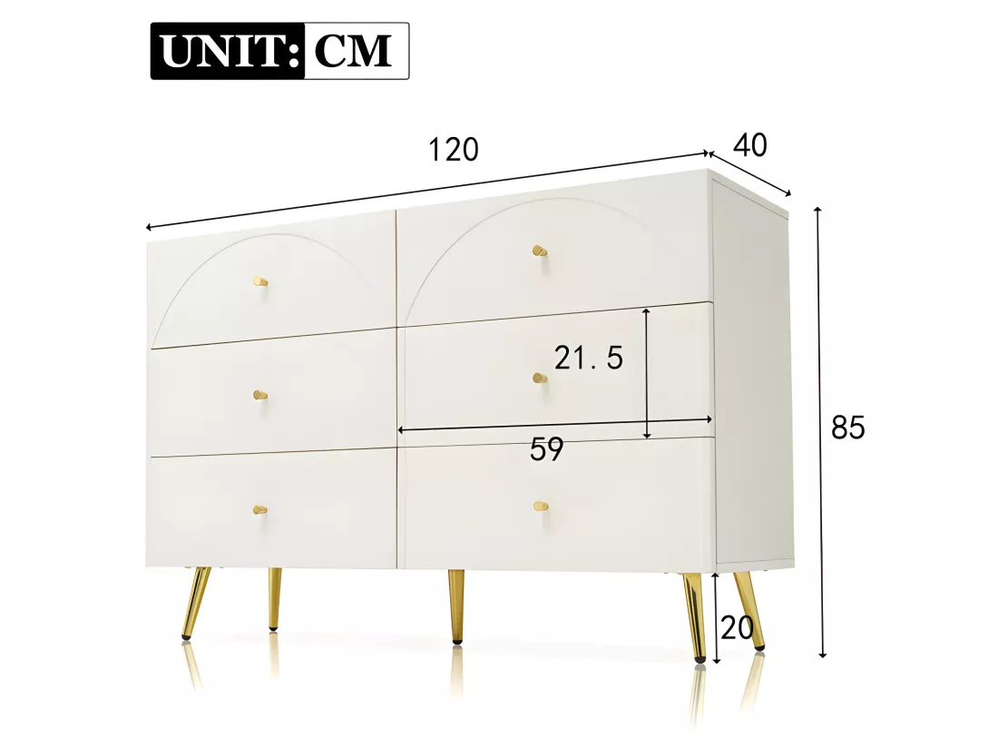 Commode avec 6 tiroirs - pieds dorés - en Panneaux de particules - Blanc