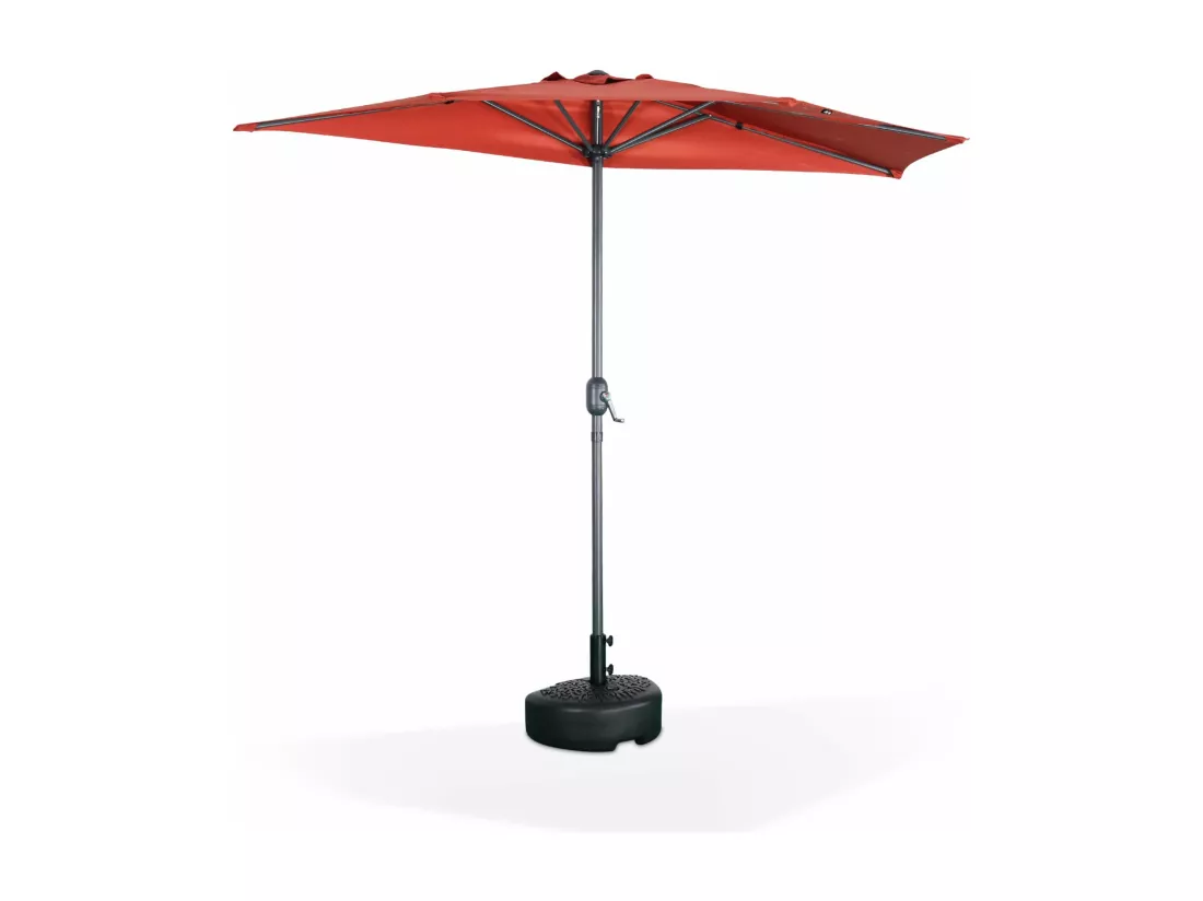 Parasol de balcon Ø250cm – CALVI – Demi-parasol droit. mât central en aluminium avec manivelle d’ouverture. toile terracotta