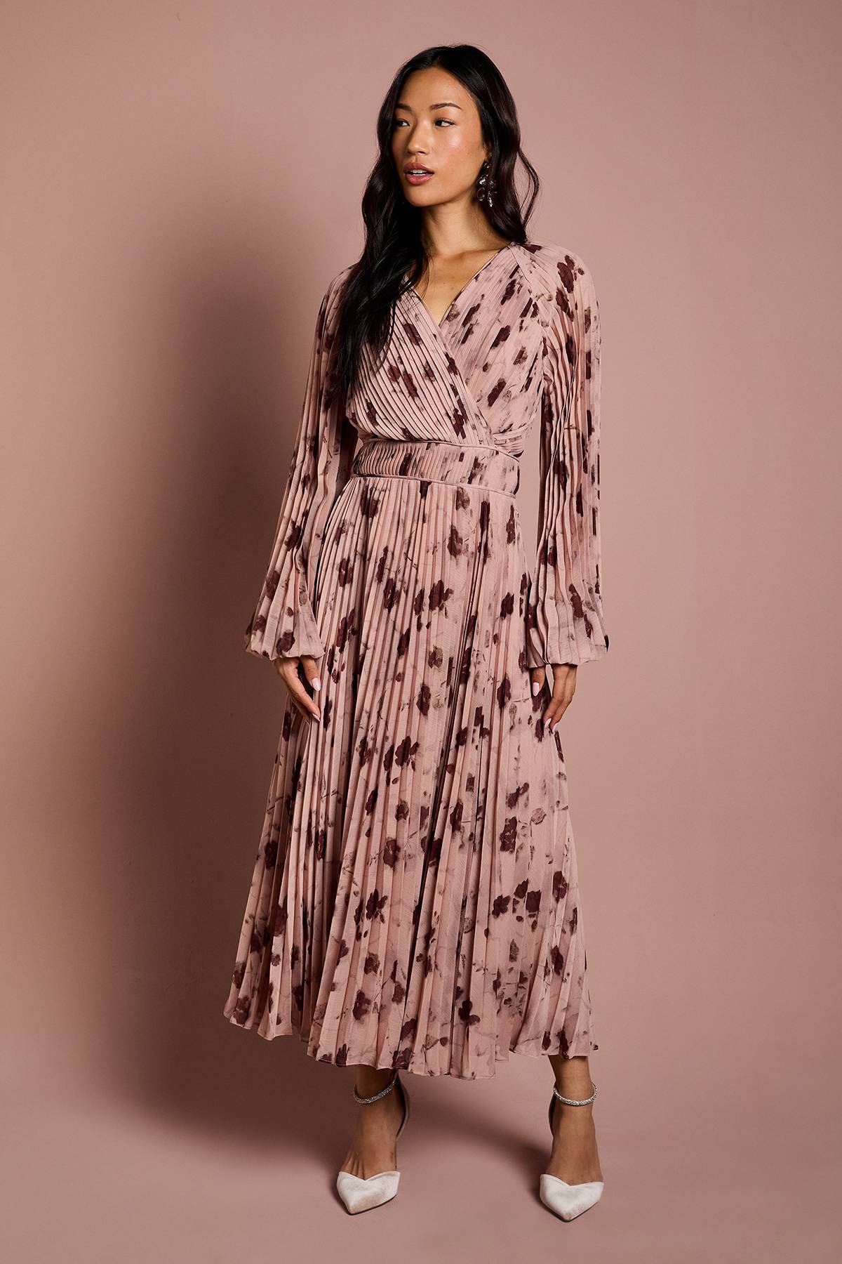 Coast Robe Midi Portefeuille en Mousseline Plissée à Manches Longues