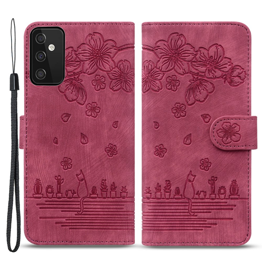 Samsung Galaxy A54 5G Leder Tasche Flip Cover Katze & Blumen Imprint - Rot