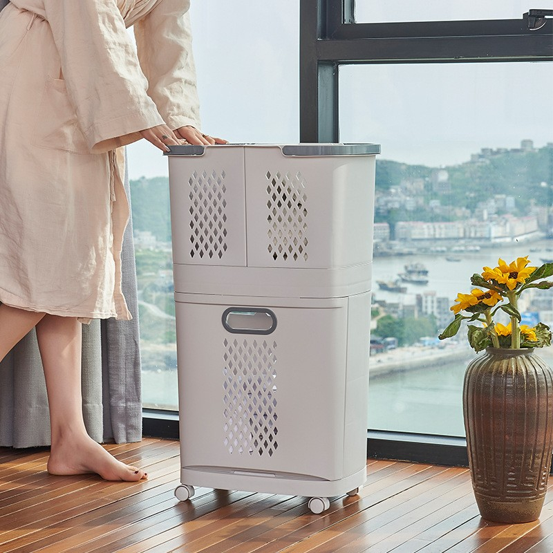 (74x44cm) 3in1 Wäschekorb Badezimmer Kleider Sammler Abnehmbarer Aufbewahrungs Behälter mit Rädern - Weiss