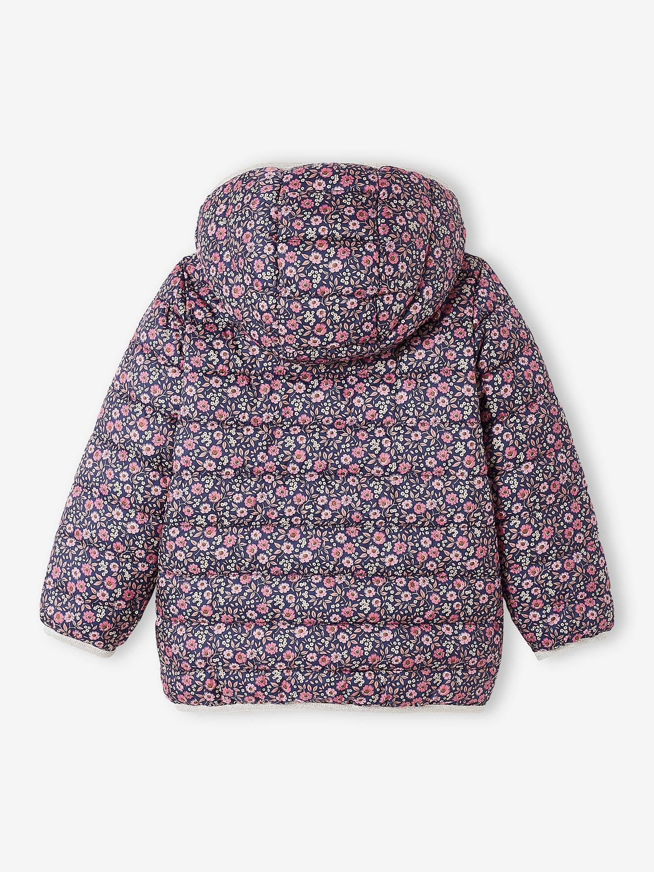 Jaqueta reversível leve com capuz para meninas, estampa rosa vibrante.