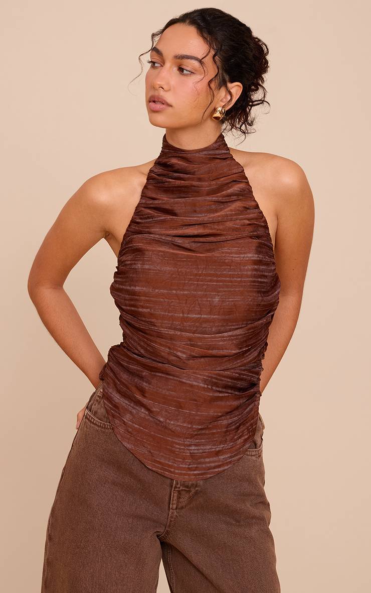 Marron Haut Dos-nu Froncé En Satin Imprimé
