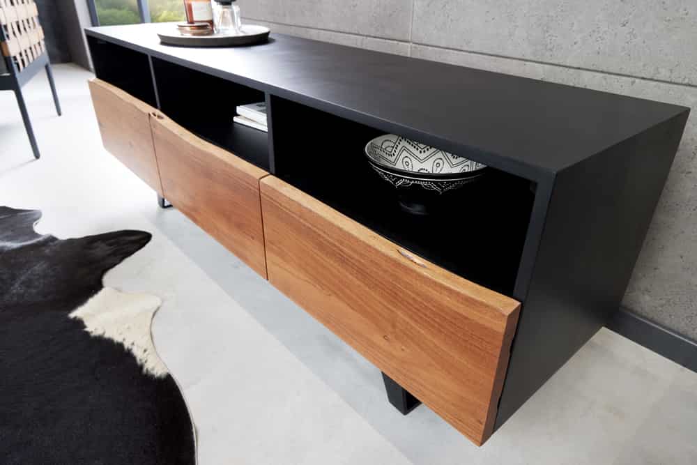 Industrial Design TV-Board ORGANIC ARTWORK 140cm Akazie Massivholz Eisengestell