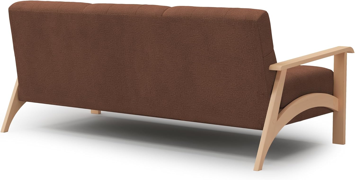 Cavadore 3er-Sofa Billan / 3-Sitzer Schlafsofa im skandinavischen Design mit Bett und massivem Holzgestell in Buche / 199 x 88 x 106 / Mehrfarbiger Strukturstoff, Rot-Braun