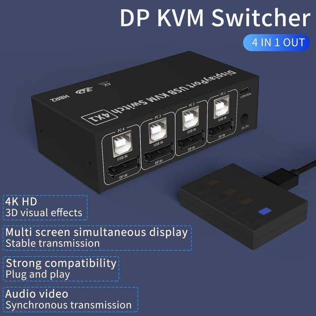 NÖRDIC KVM Switch 4 PC til 1 DisplayPort 1.2 4K 60Hz og 4x USB HDCP 2.2