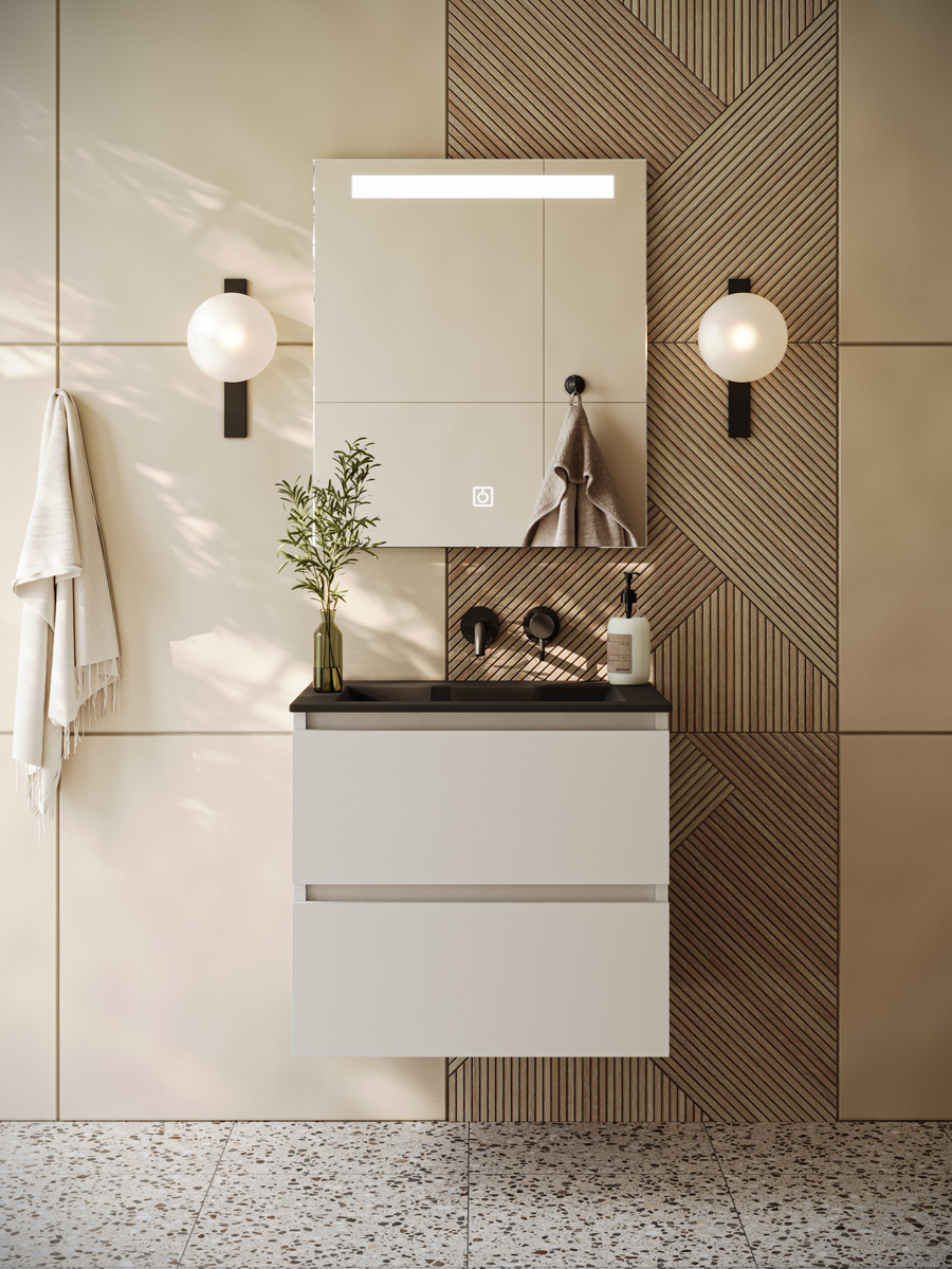 Fontana Rovigo badmeubel 60cm wit mat met zwarte wastafel zonder kraangat en spiegel met verlichting