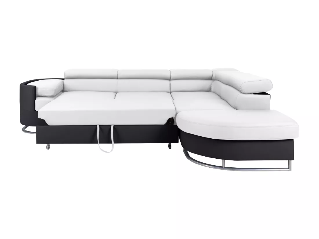 Canapé d'angle droit convertible en simili blanc et noir MYSEN II