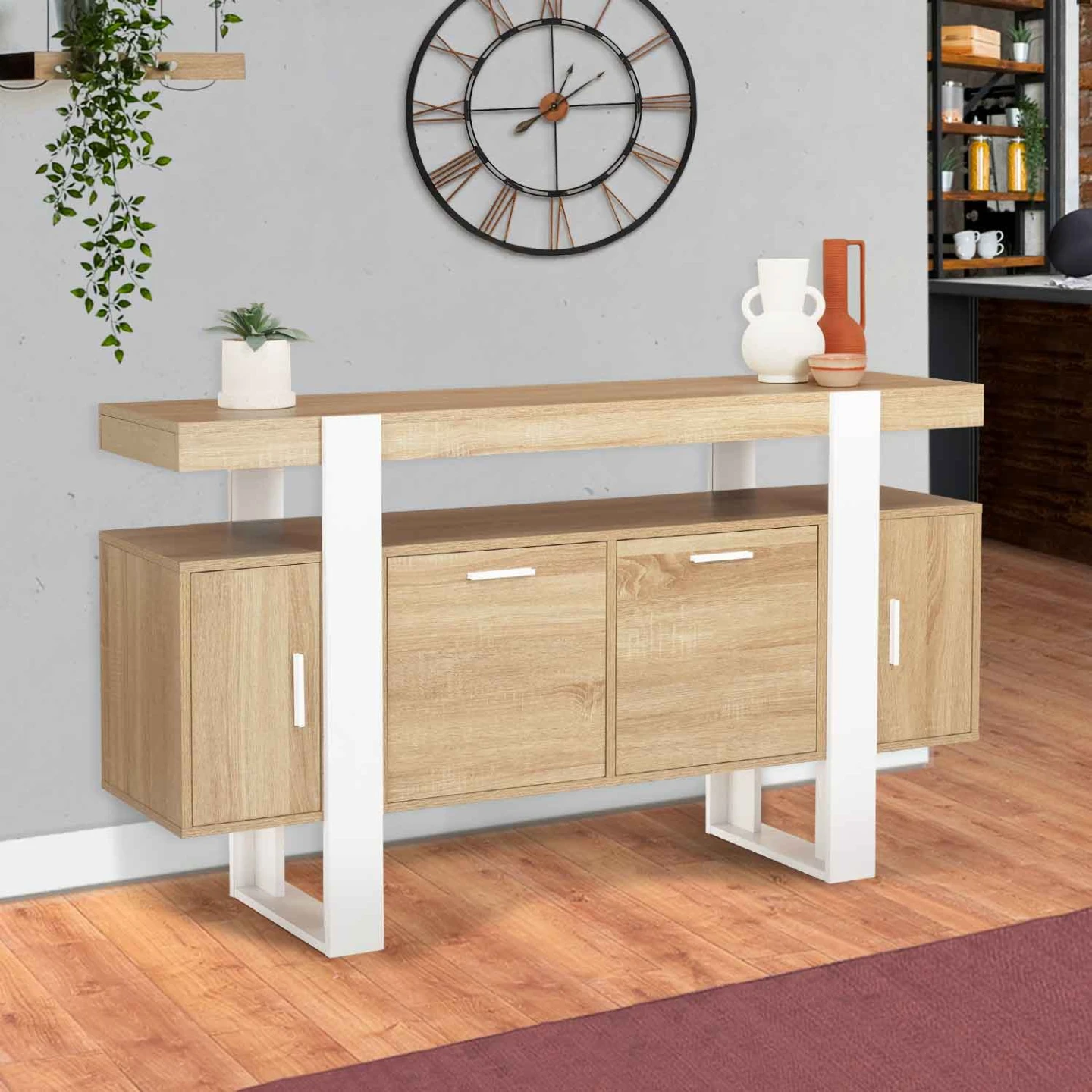 Buffet 140 cm PHOENIX 4 portes bois et blanc