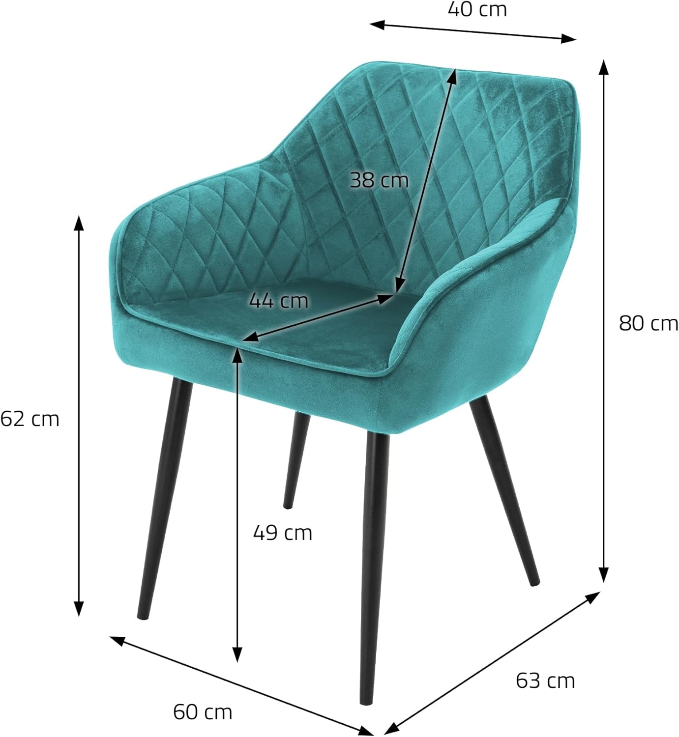 ML-Design 2er Set Esszimmerstühle mit Armlehne und Rückenlehne, Petrol, Küchenstuhl mit Samtbezug, Polsterstuhl mit Metallbeinen, Ergonomischer Stuhl für Esstisch, Esszimmerstuhl Wohnzimmerstuhl