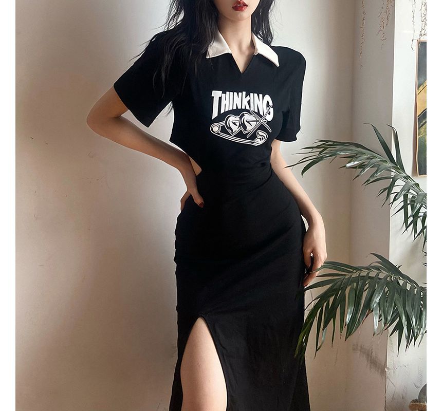 Sugarcoat - Midi-jurk met korte mouwen, kraag en letters, split