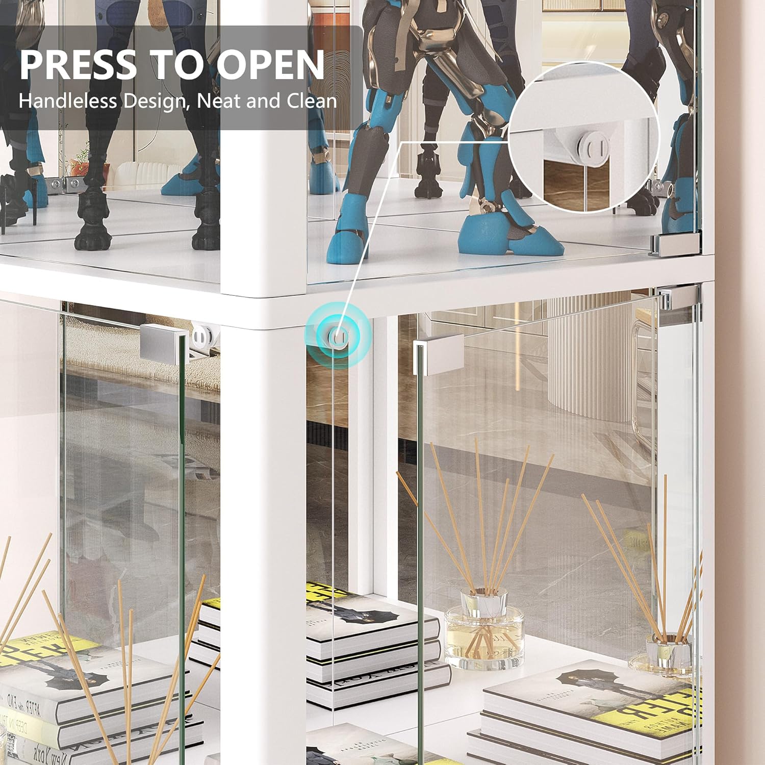 FREDEES Vitrine mit Glastüren, Eck-Kuriositätenschränke mit LED-Beleuchtung, 4-stöckige Glasvitrine für Sammlerstücke/Spielzeug/Bücher, Verspiegelter Aufbewahrungsschrank, Weiß