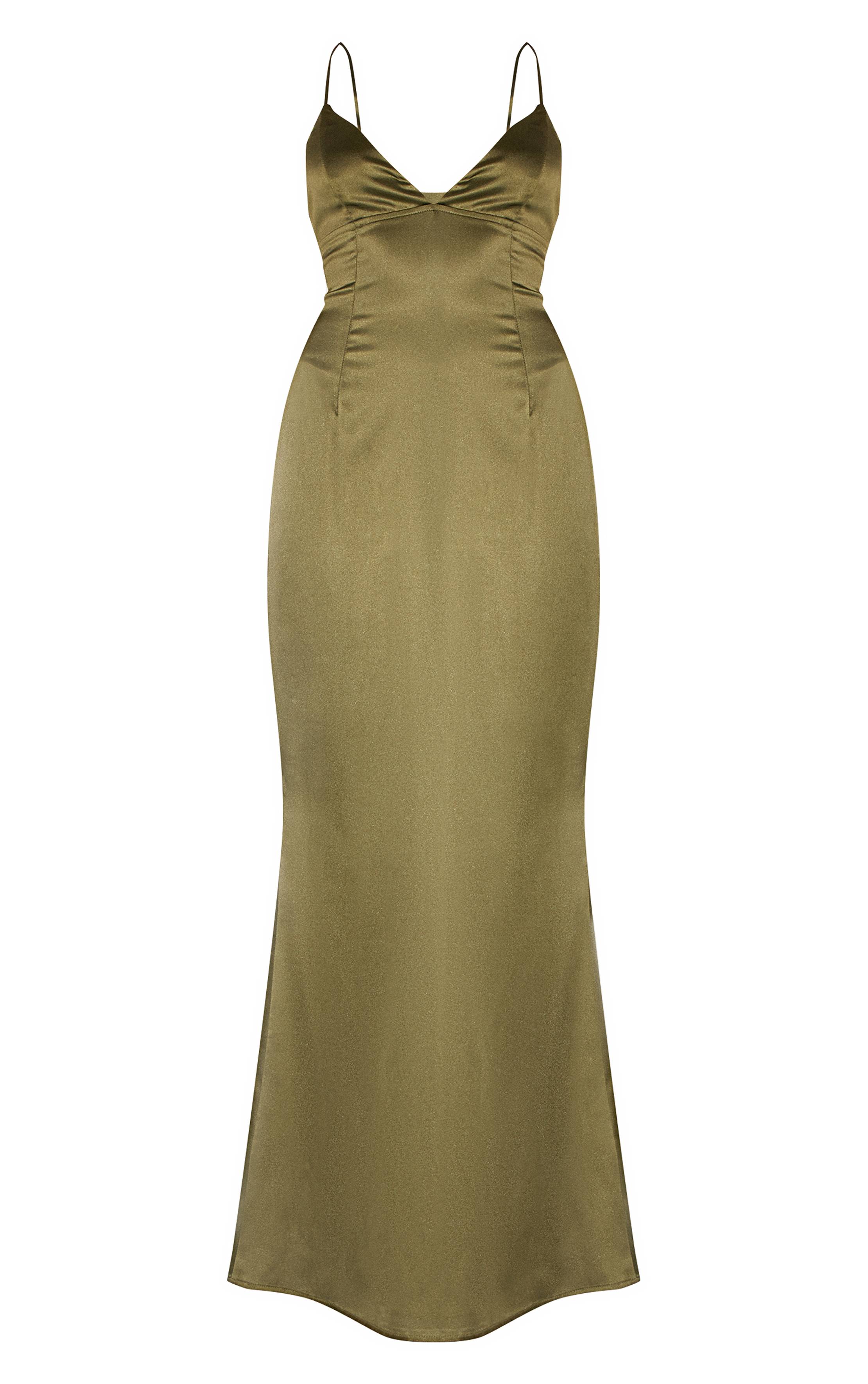 Vert Olive Robe Longue En Satin Avec Nœud Au Dos