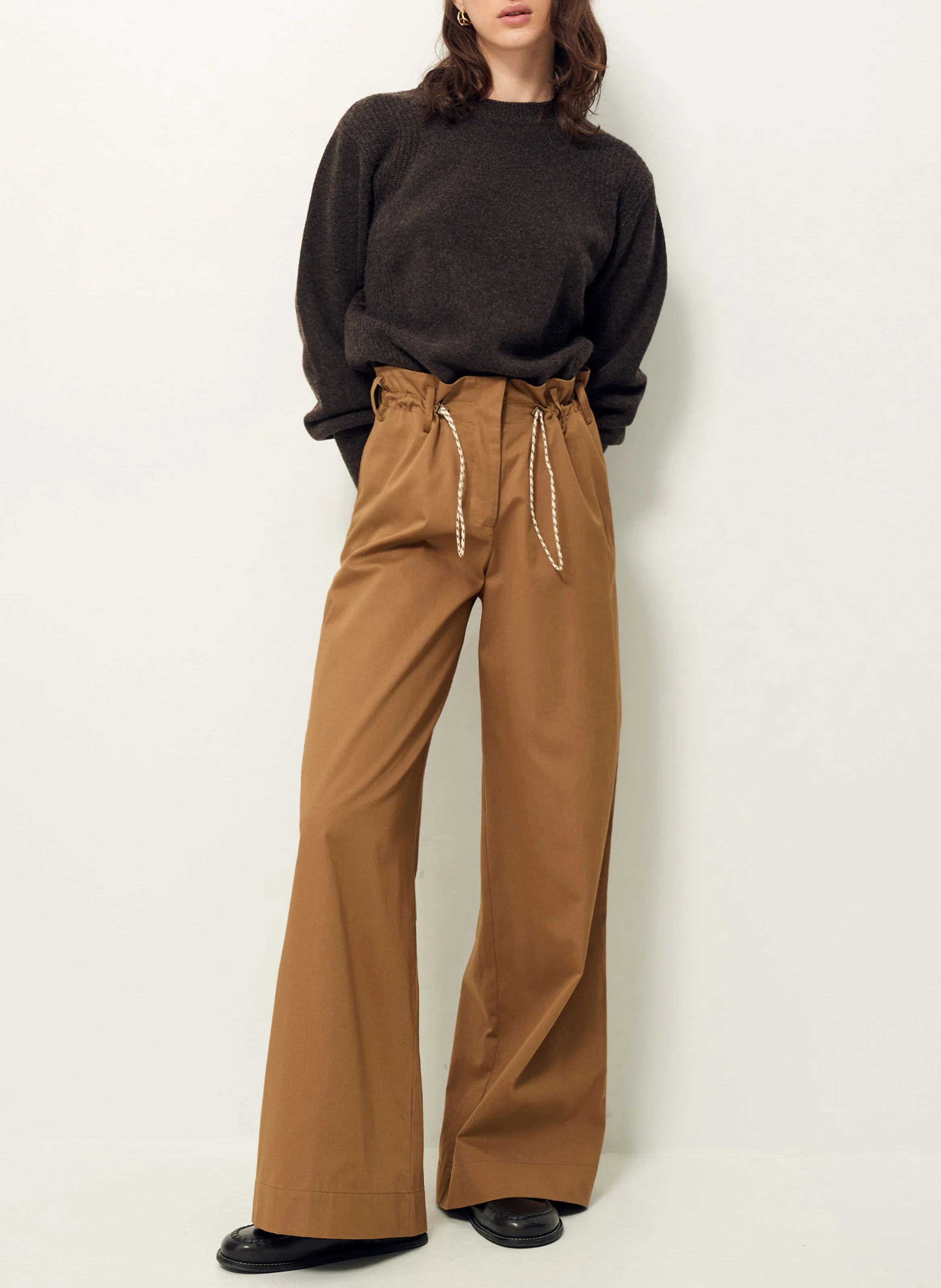 GARAZI - Pantalon taille haute large en coton | Marron