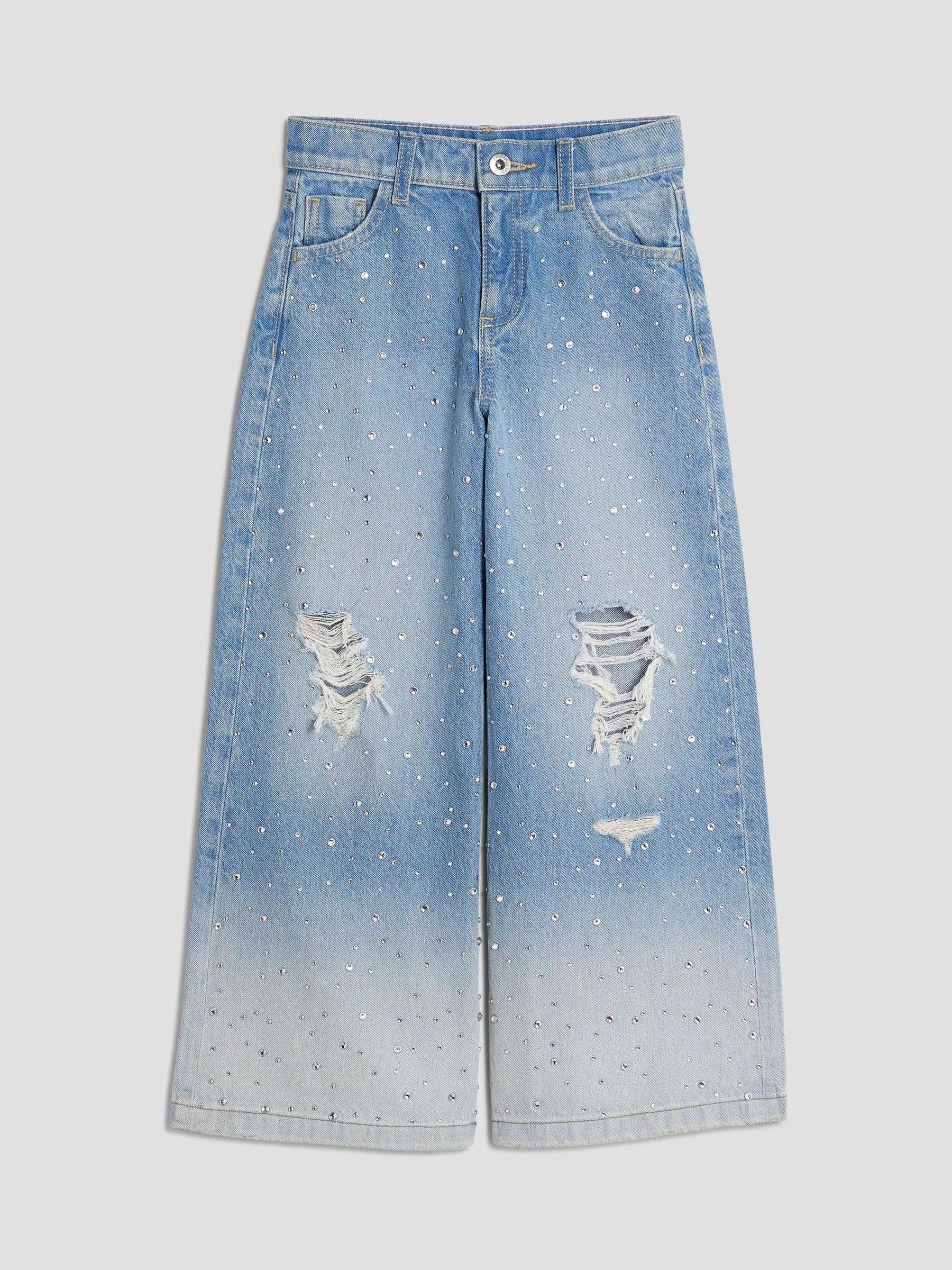 River Island Girls Rip Diamante Ombre Wide Jeans