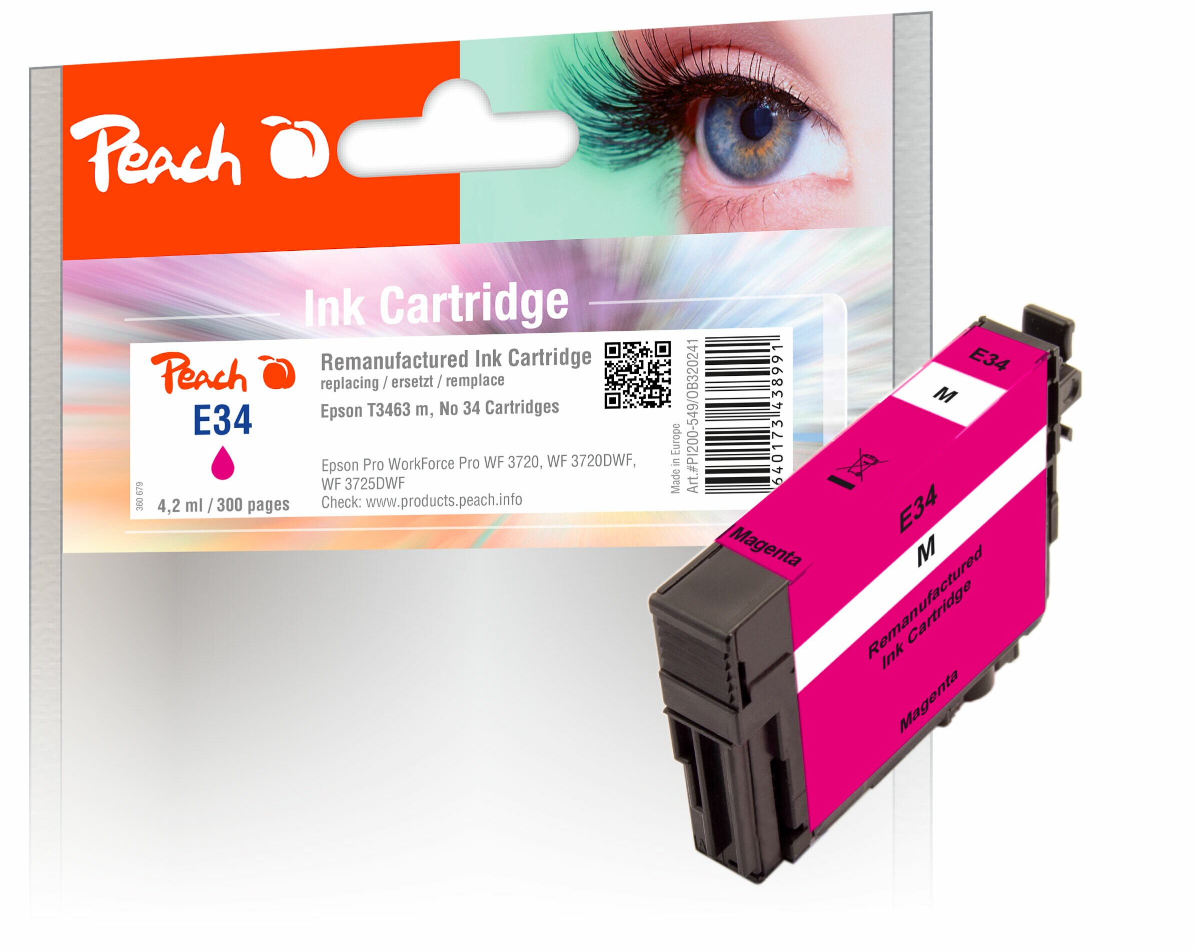 Peach E34Druckerpatrone ma ersetzt Epson T3463, No. 34 m, C13T34634010 für z.B. Epson WorkForce Pro WF -3700, Epson WorkForce Pro WF -3720 DW (wiederaufbereitet)
