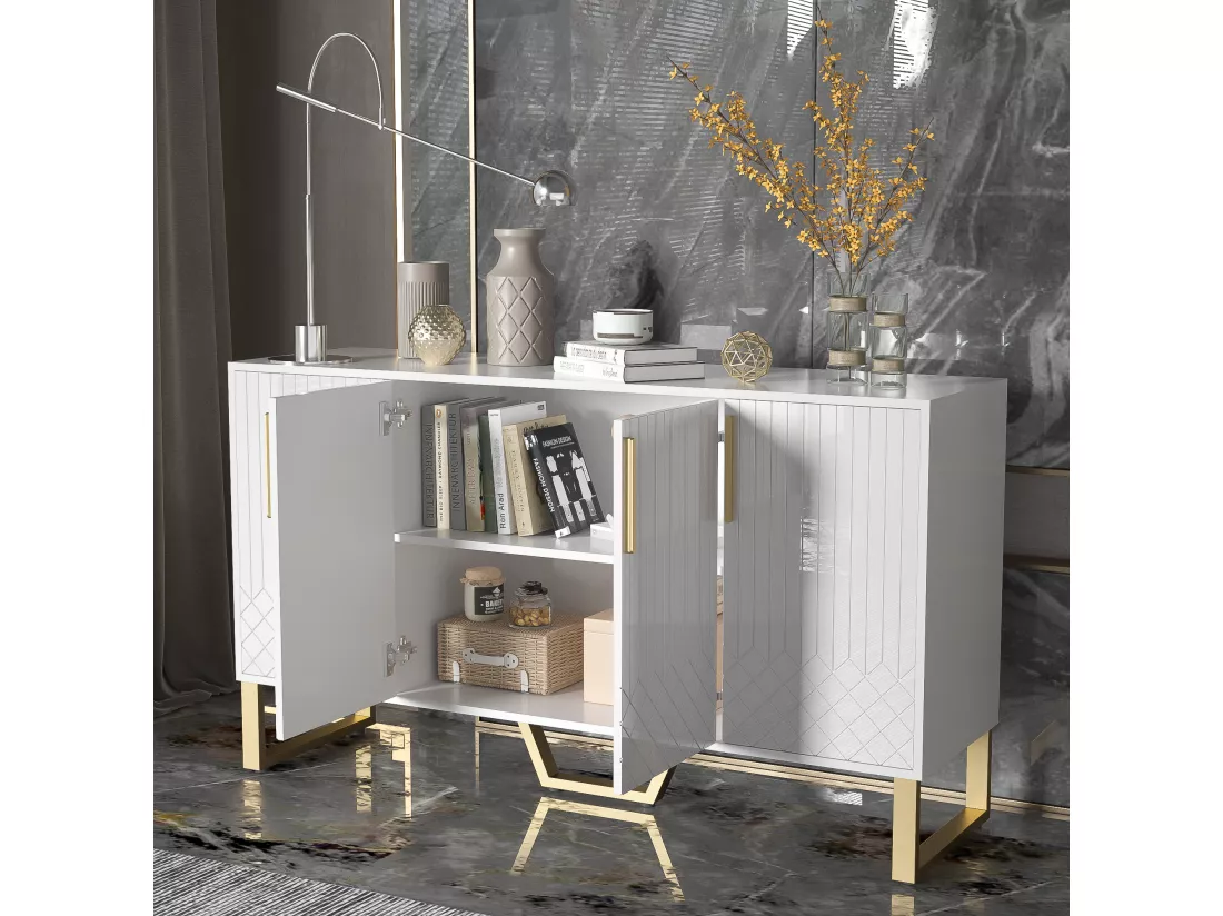 Buffet bas avec 4 portes - 140 L x 40 P x 80 H cm - Bois MDF et pièds en métal doré - Blanc brillant