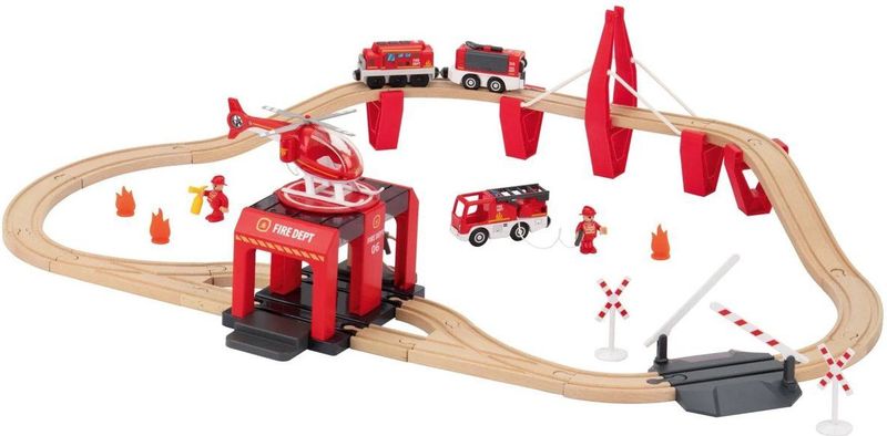 lupilu Houten treinset brandweer 36 delig - incl. 2 speelfiguren - Europees beukenhout vanaf 3 jaar