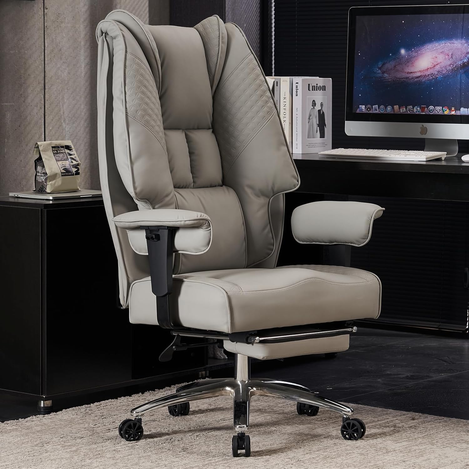Schwerlast Bürostuhl 180kg - XXL Chefsessel Ergonomisch (Big & Tall), 14cm Taschenfederkern (Sofa-Komfort), Schreibtischstuhl Kunstleder Hohe Rückenlehne für Home Office (HELLGRAU)