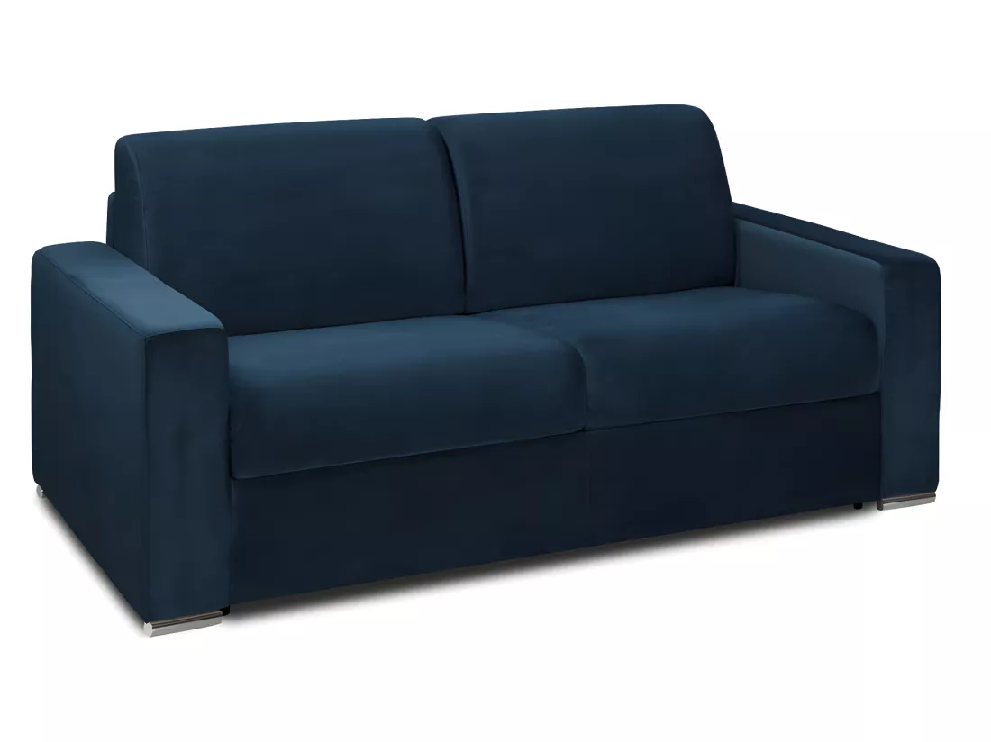 Canapé 2 places convertible express en velours bleu nuit - Couchage lattes larges 120 cm - Matelas 14 cm avec mémoire de forme CALITO