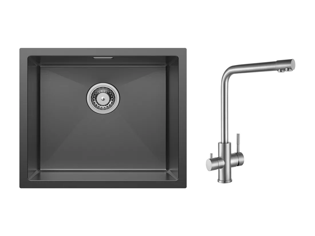 CECIPA MAX Évier de Cuisine 1 Bac Évier Inox 50*44CM Noir Anthracite + Mitigeur Cuisine pour Sstème D'osmose