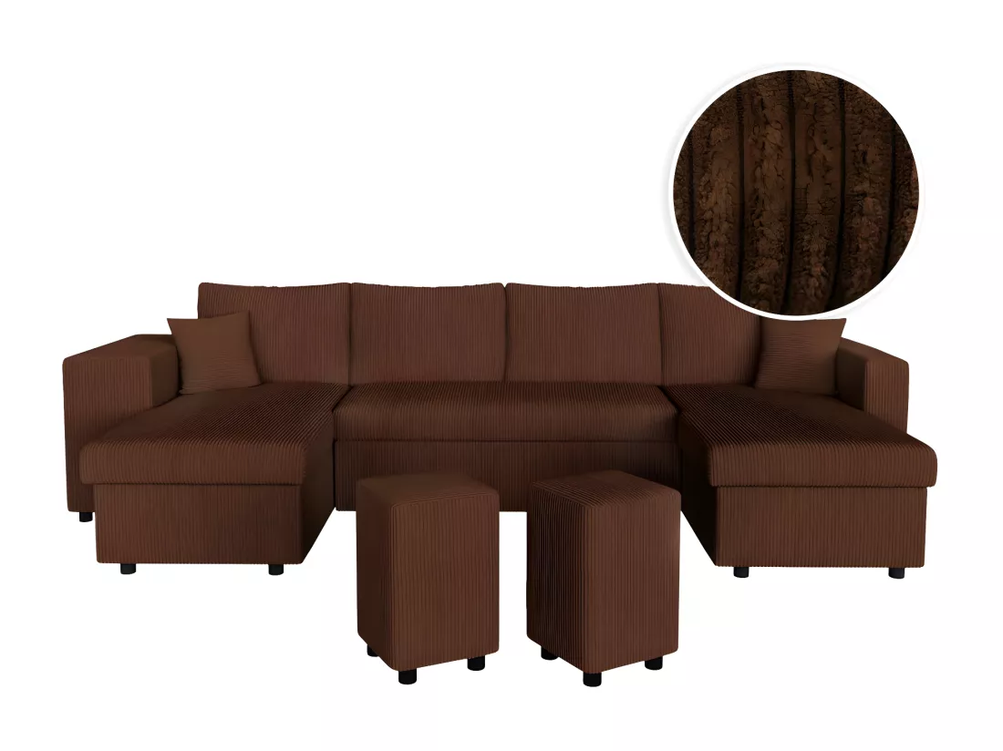 Canapé panoramique Oslo convertible avec 2 coffres, 2 poufs à gauche en velours côtelé marron - L311 x P146 x H81cm - Loungitude