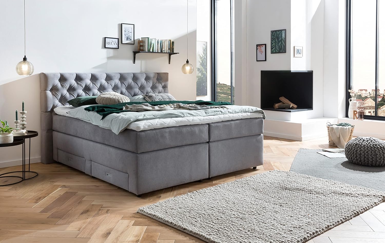 Belanoti Lara Boxspringbett 180x200 mit 4 Schubladen Stauraum Bett 180x200 mit Bettkasten in der Farbe Hellgrau H2 und H3 Chesterfield Kopfteil 7-Zonen Taschenfederkern Matratze inkl. Visco Topper