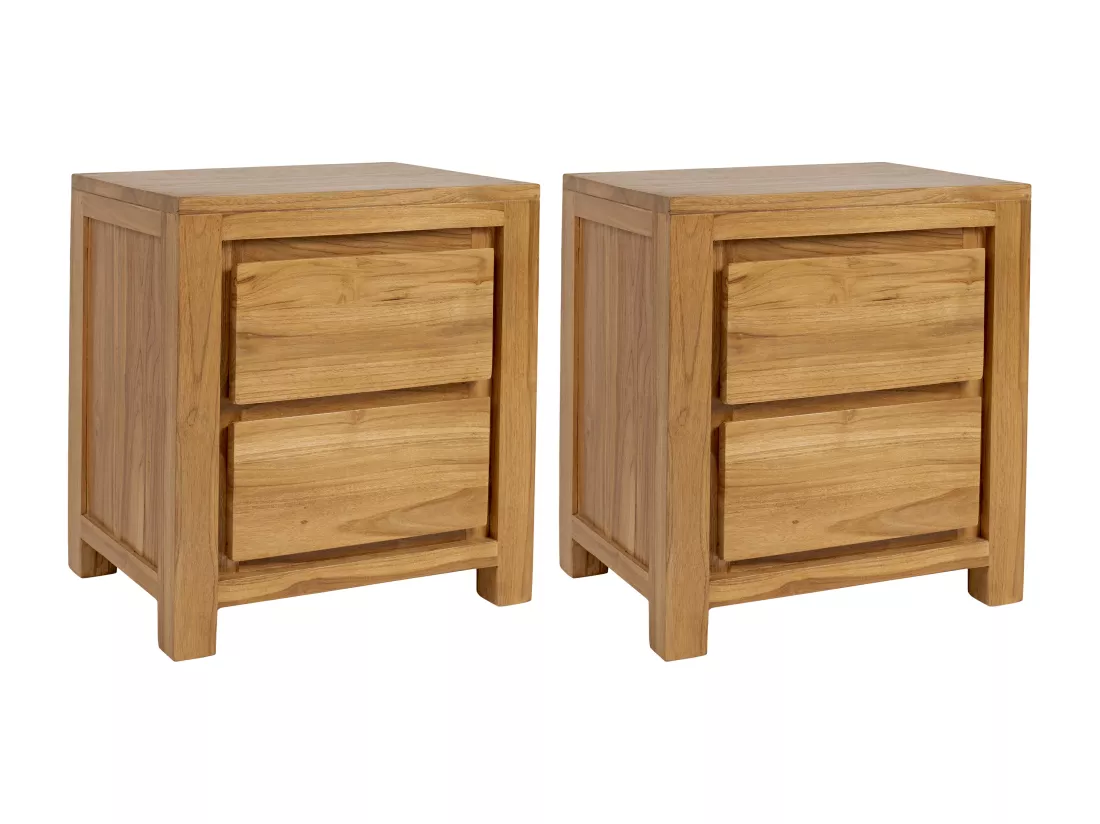 Lot de 2 tables de chevets avec 2 tiroirs en bois de teck - Coloris : Naturel - ALEMIA