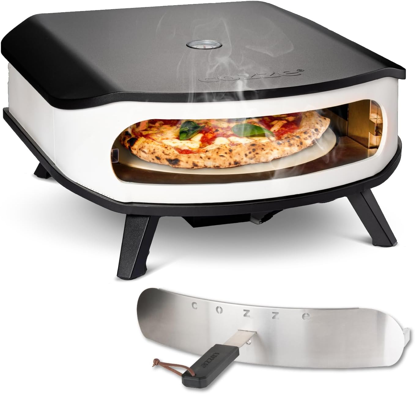 cozze® 17' Pizzaofen mit rotierendem Pizzastein | LED & Tür | 6,0 kW Gasofen 50 mbar | inkl. Regler & 1,1 m Gasschlauch | Ø42,5 cm Stein | Outdoor Pizzaofen | Perfekt für knusprige Pizzen