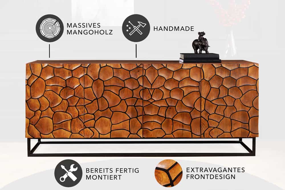 Massivholz Sideboard VULCANO 180cm braun Mangoholz mit 3D Schnitzereien handmade Metallgestell schwarz
