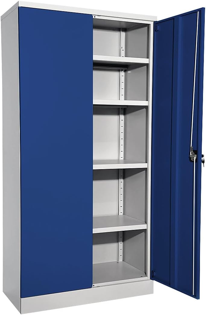 eurokraft | Stahlschrank Nilas | mit 4 Fachböden | HxBxT 1950 x 915 x 421 mm | lichtgrau/enzianblau
