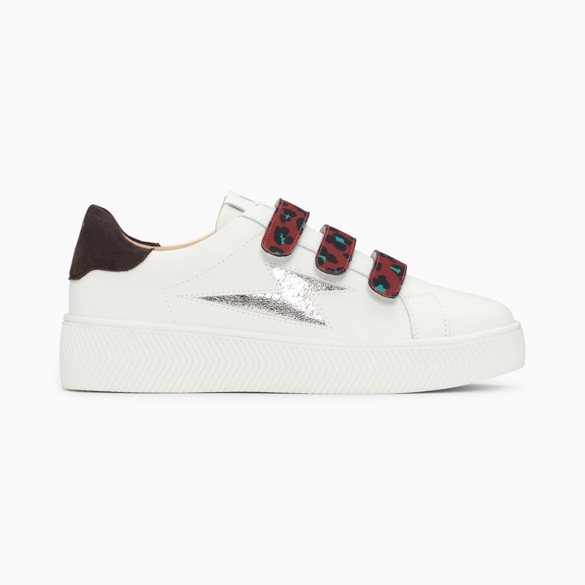 Sneakers-Baskets éclair Noura blanc et argent à scratchs léopard