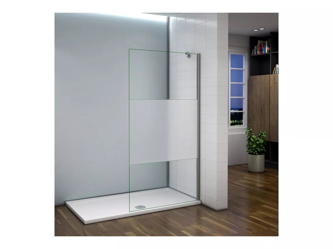 Paroi de douche à l'italienne 90x200cm avec barre de fixation d'angle 45cm, en 8mm verre bande centrale dépolie