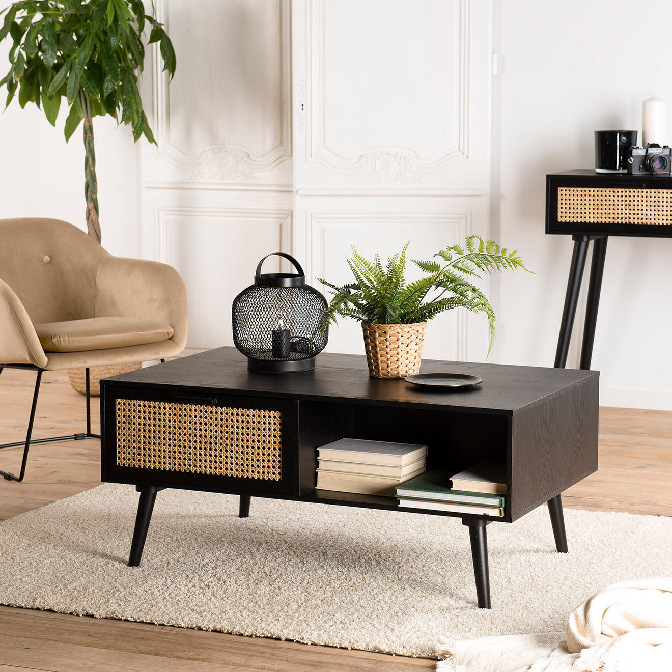Macabane Table basse Angelo 2 Tiroirs Bois/Noir - 100x60x44.5 cm
