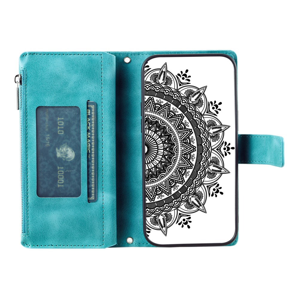 iPhone 15 Leder Tasche Flip Cover mit Reissverschluss - Mandala Flowers Imprint - Türkis