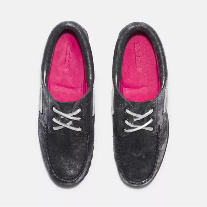 Chaussure bateau Noreen cousue main à 3 œillets pour femme en noir