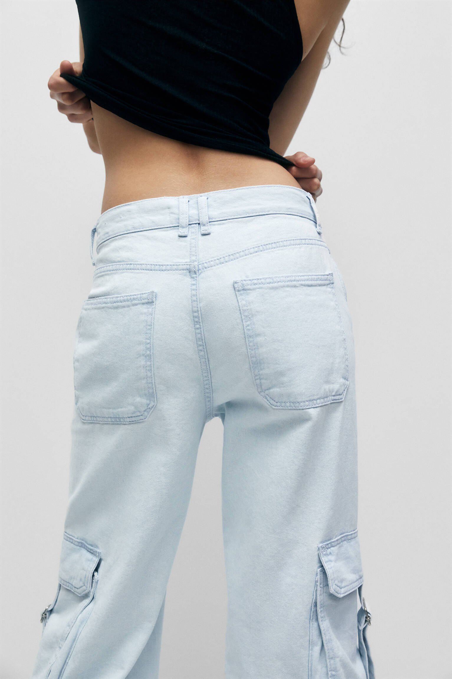 Calça jeans cargo de perna larga - Azul encantador