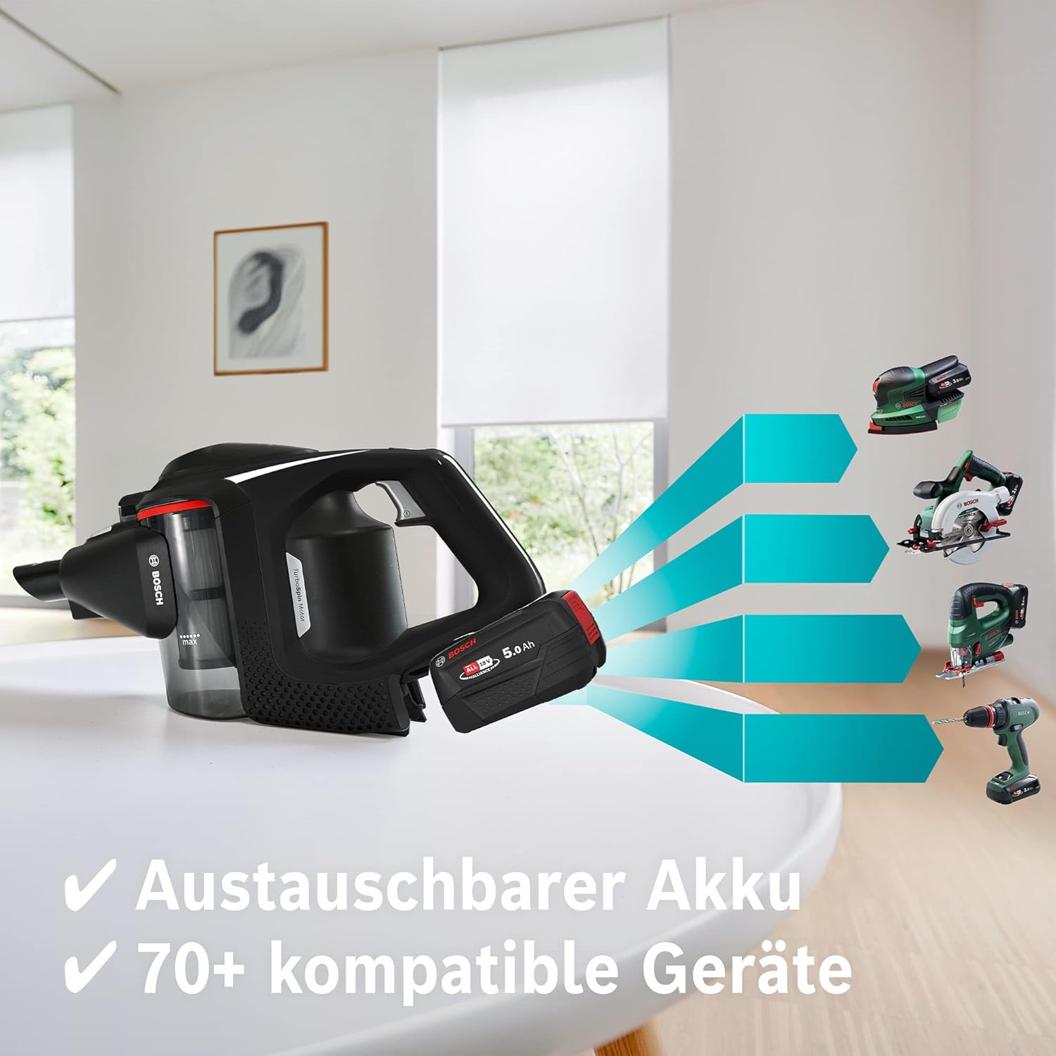 Bosch Akku-Staubsauger Unlimited Gen2 Serie 8 BSS825CARP, beutellos, bis 45 Min Laufzeit, austauschbarer Akku, Schnellladegerät, Flexibler Verlängerungsschlauch, XXL-Polsterdüse, Fugendüse, schwarz